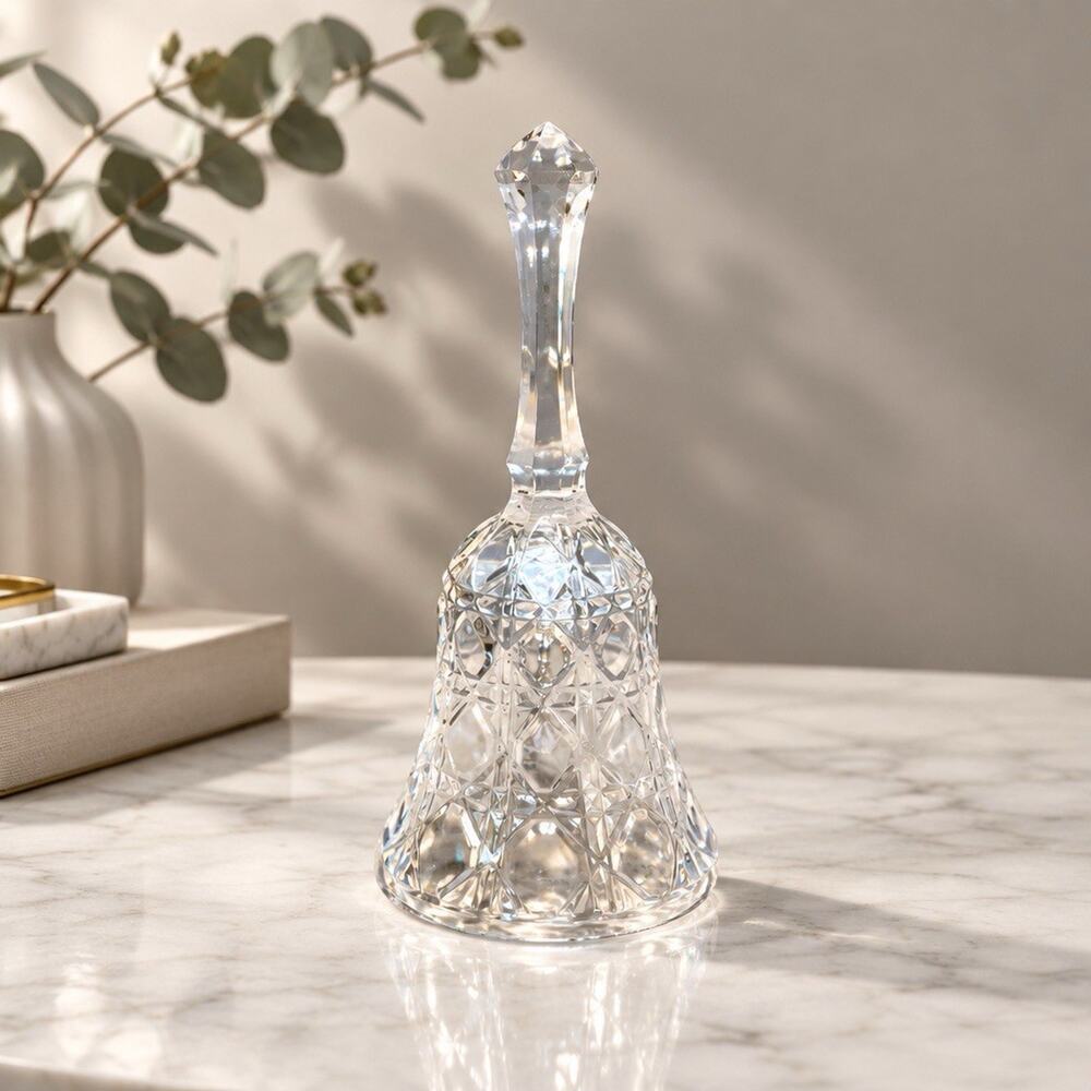 Vintage Lead Crystal Clear Dinner Bell 5"Geometric Hexagon Pattern Sounds Pretty